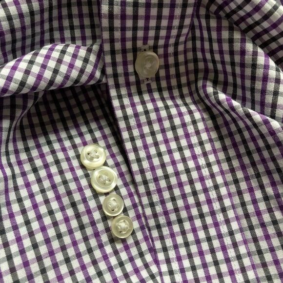 Lands End White Purple Black Gingham Cotton Button Down Long Sleeves Men 16.5 - Picture 7 of 12